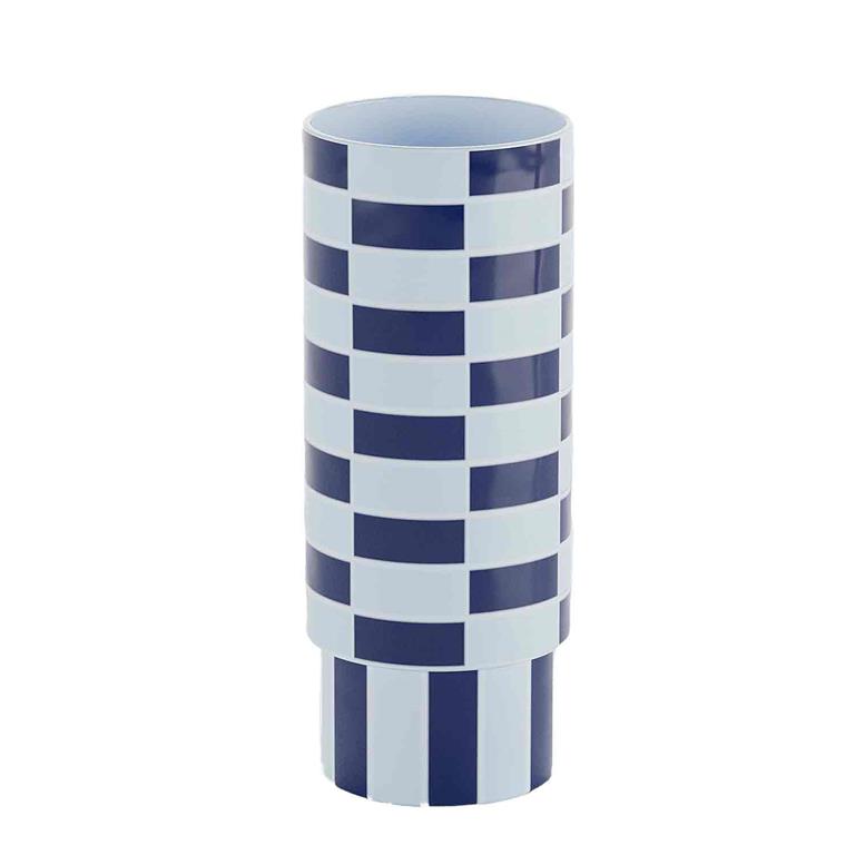 Vase céramique tube à damier bleu 31cmx12