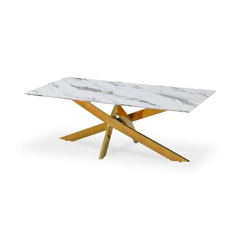 Table basse rectangulaire en verre effet marbre et pieds doré