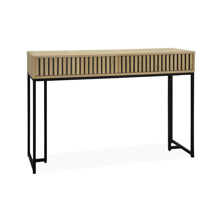Console 2 tiroirs décor bois rainuré et métal noir