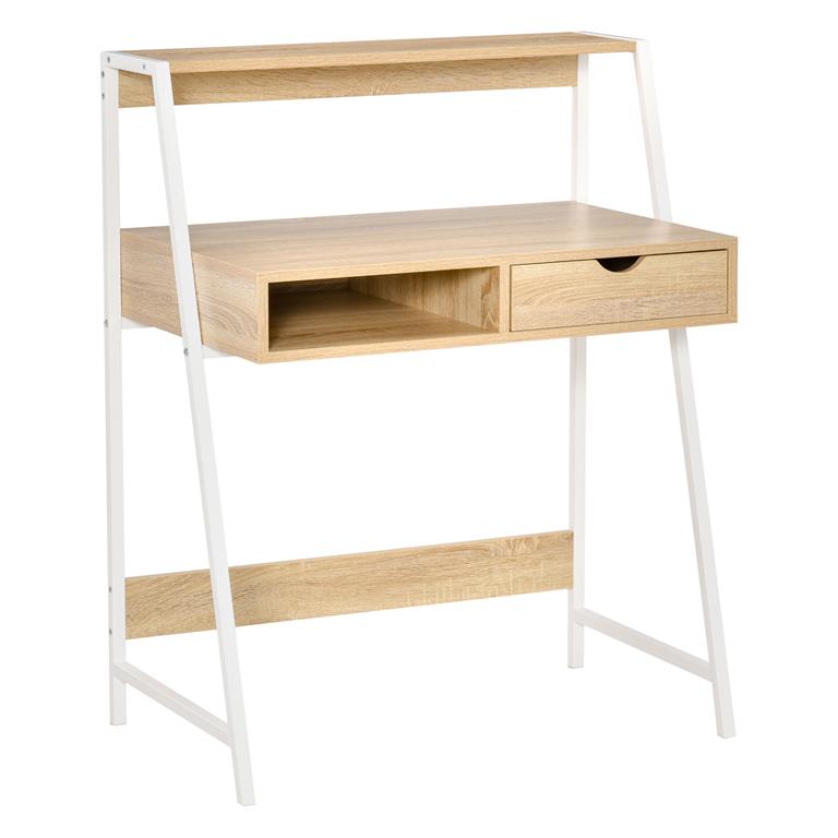 Bureau secrétaire néo-rétro tiroir niche étagère aspect chêne clair