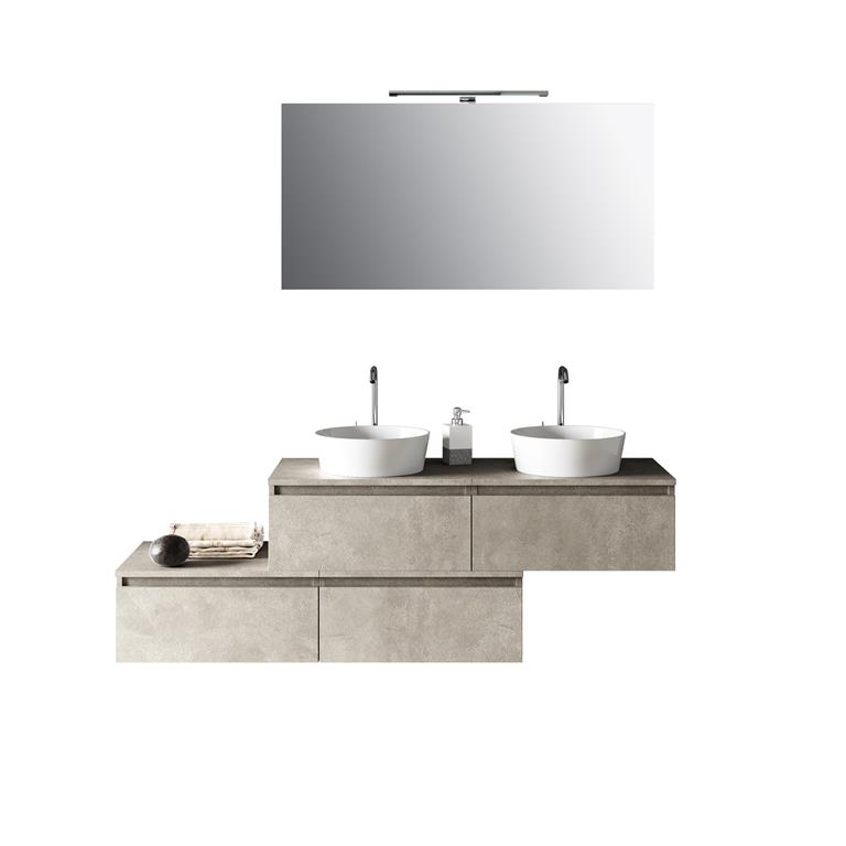 Meuble salle de bain 8 pièces double vasque en mélamine beige pierre