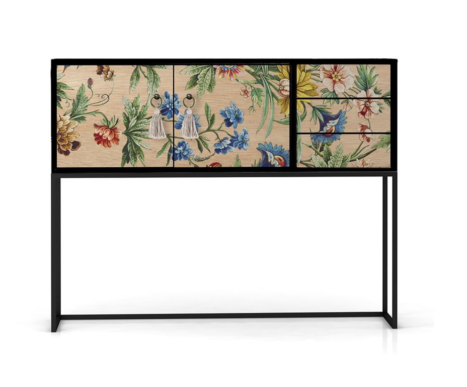 Console MDF laquée 2 portes 3 tiroirs imprimé floral