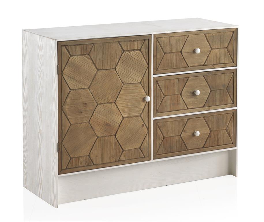Commode 1 porte et 3 tiroirs en frêne blanc patiné