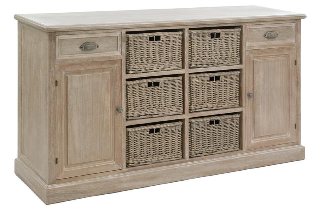 Buffet en bois massif patiné 2 tiroirs 1 portes et 6 paniers