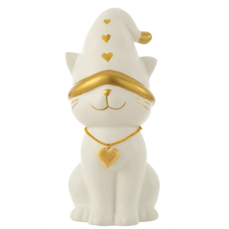 Statue chat avec bonnet en porcelaine blanc et doré 16