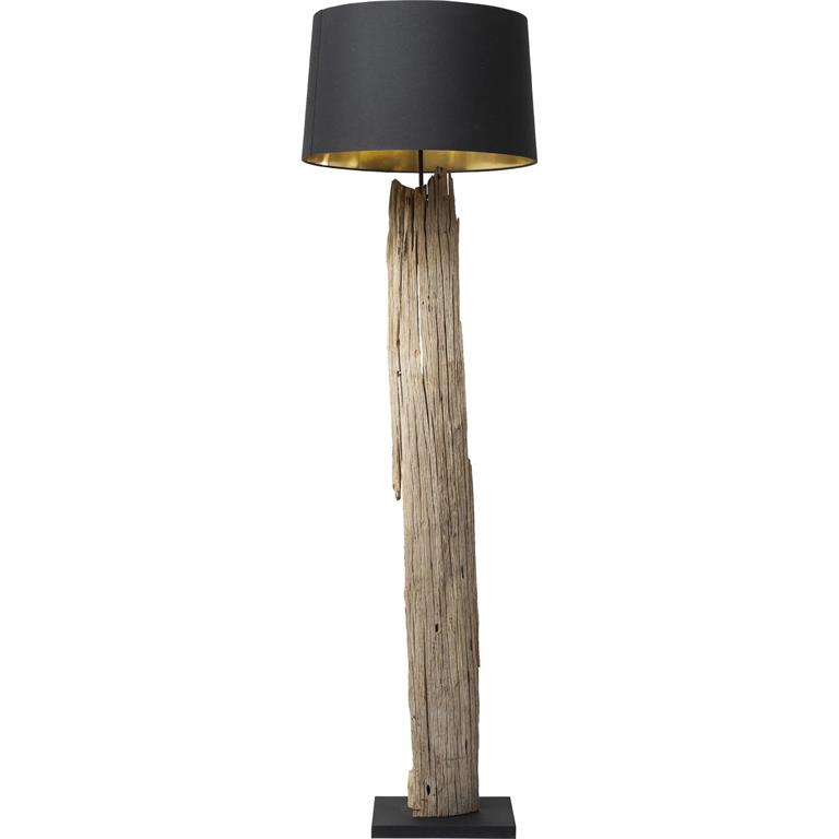 Lampadaire en bois flotté et abat-jour en coton noir H171