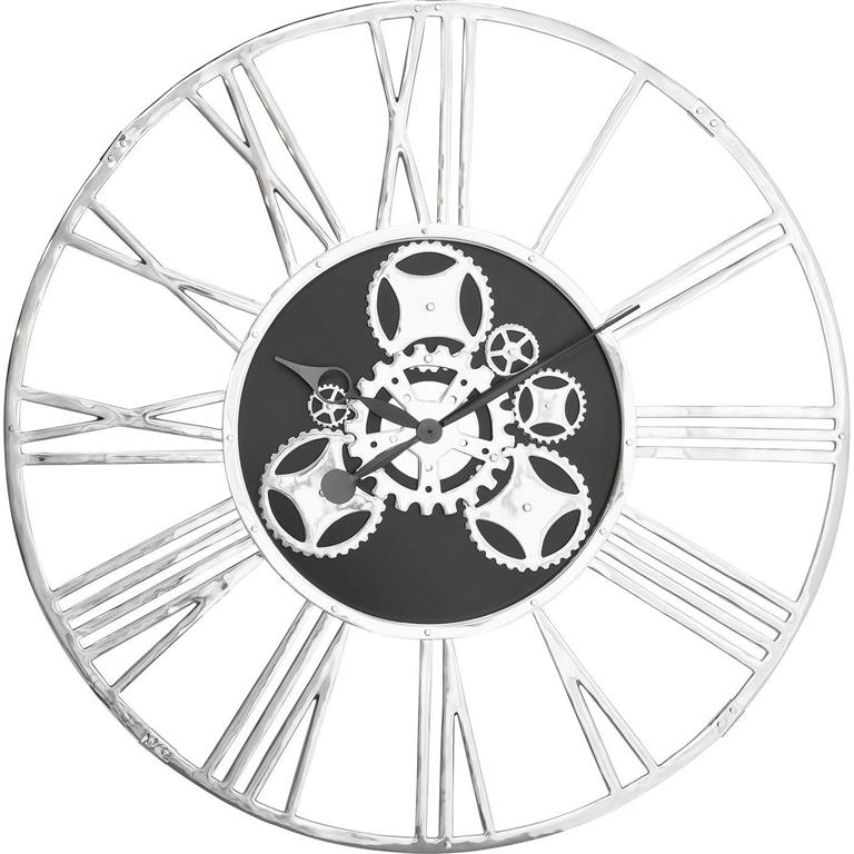 Horloge murale engrenages en aluminium et acier argenté D120
