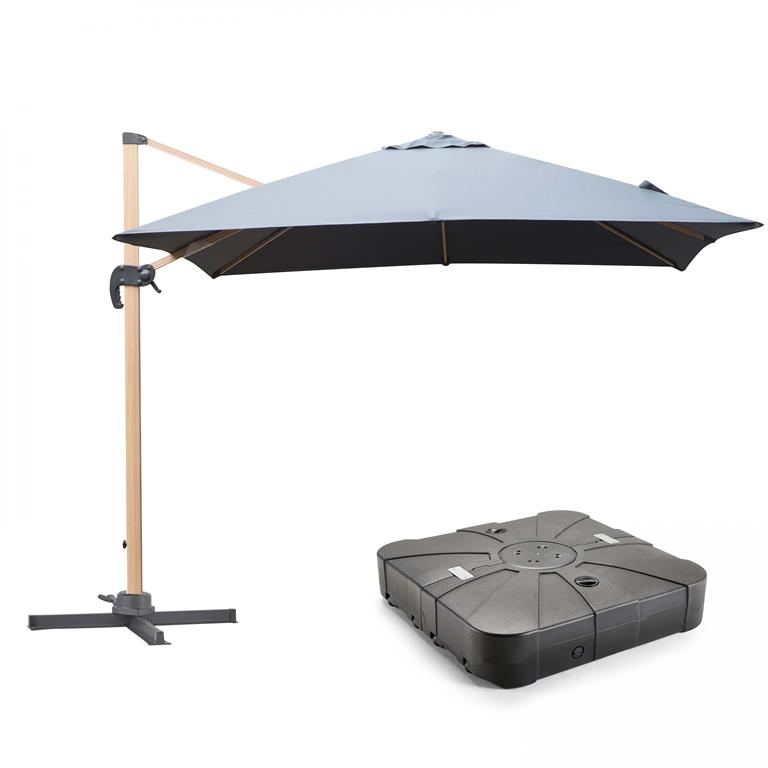 Parasol déporté 3x3m et dalle à lester sur roues effet bois gris