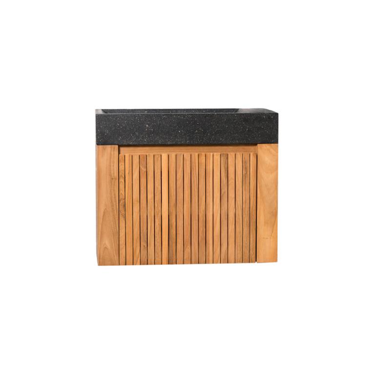 Meuble suspendu de salle de bain en teck et vasque noir L60cm