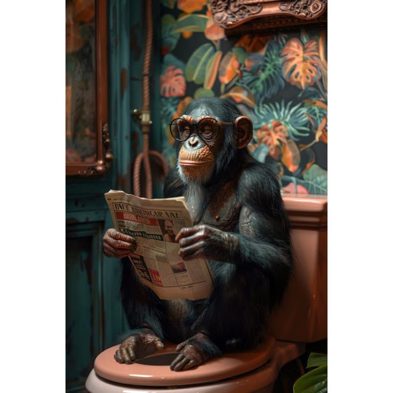 Tableau sur toile Singe lecteur de journal aux toilettes 30x45