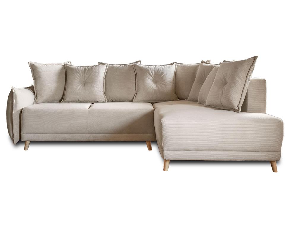 Canapé d'angle droit convertible 5 places en velours côtelé beige