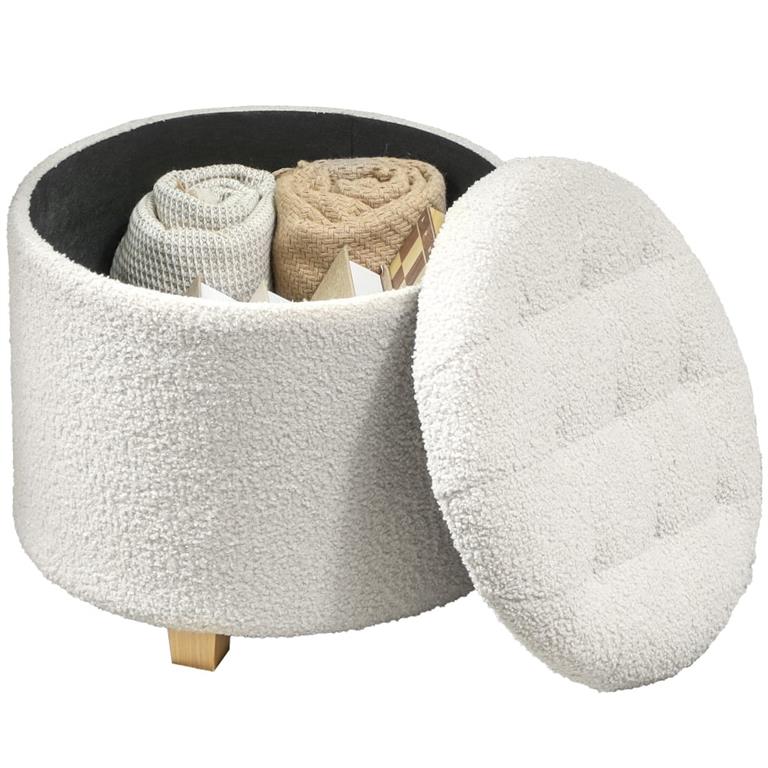 Pouf coffre rangement en tissu bouclette blanc