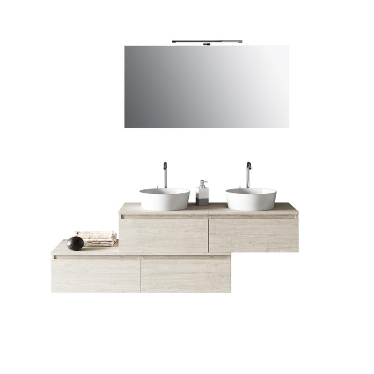 Meuble de salle de bain 8 pièces double vasque en mélamine bois beige