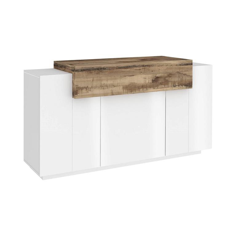 BUFFET - Buffet de cuisine avec 4 portes, Buffet de salon, 100% Made in Italy, 140x45h86 cm, Blanc brillant et Érable.  STRUCTURE ET UTILISATION - Buffet de salon pratique ...