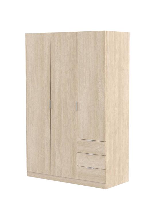 GARDROBE - Armoire de chambre avec 3 portes et 3 tiroirs, Armoire avec 3 ètagères et barre porte-vètements, 121x52h180 cm, Chène.  STRUCTURE ET UTILISATION - Armoire complète de trois ...