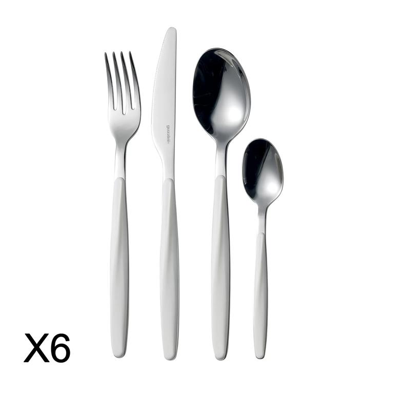 Cette ménagère est composée de 6 fourchettes, 6 couteaux micro dentés, 6 cuillères de table et 6 cuillères à café. Sa forme allongée élégante met en valeur la parfaite alliance ...