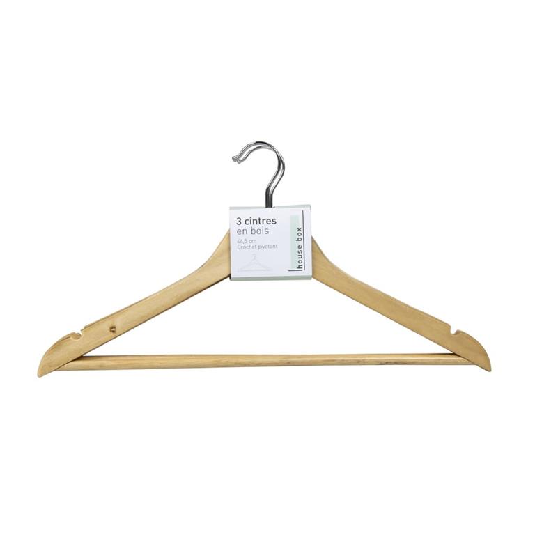 Lot de 3 cintres droit en bois avec crochet pivotant