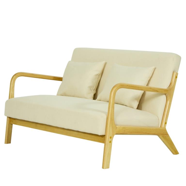 Banquette scandinave 2 places en bois et tissu beige