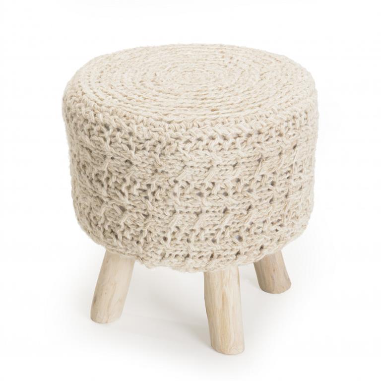 Tabouret rond bois et laine ivoire