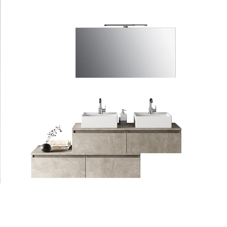 Meuble salle de bain 8 pièces double vasque en mélamine beige pierre