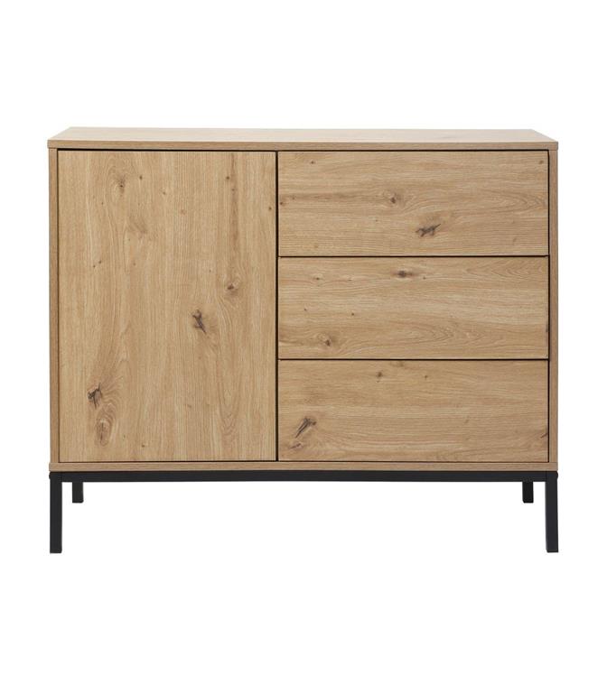 Commode 3 tiroirs 1 porte décor chêne - L90 x H80 cm