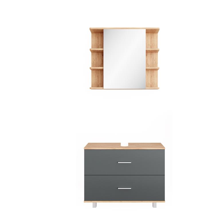 Lot de 2 ensemble meubles bain anthracite/effet bois doré