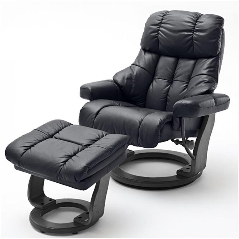 Fauteuil relax CLAIRAC XL assise en cuir noir pied en bois couleur noir avec repose pied