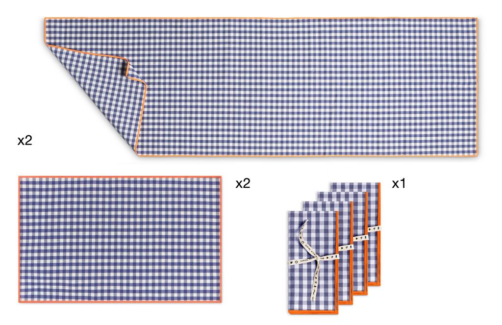 Ensemble de table nappes et serviettes 8 pièces coton en bleu et fluor