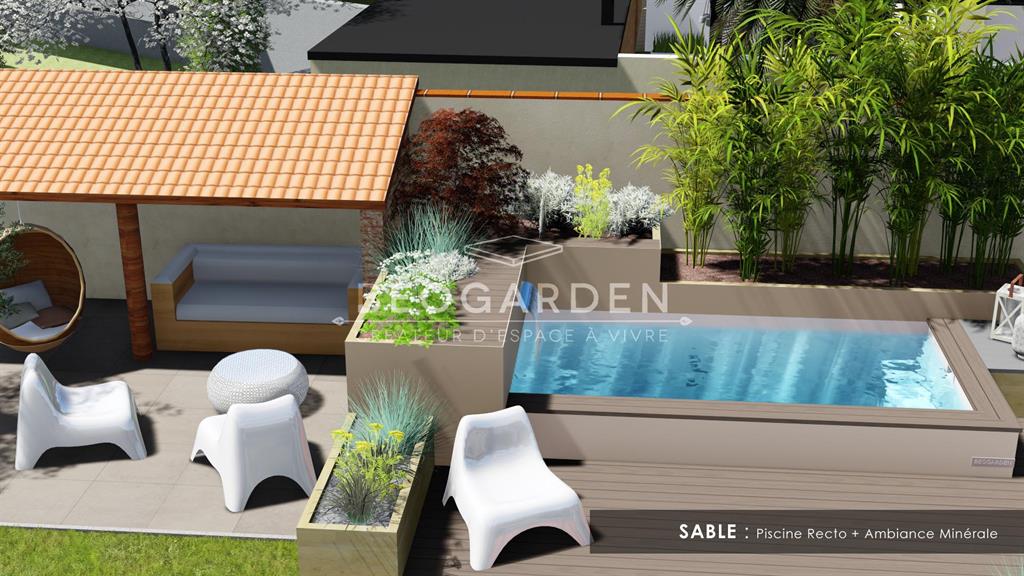 Piscine rectangulaire de moins de 10m2 encastrée sur une terrasse