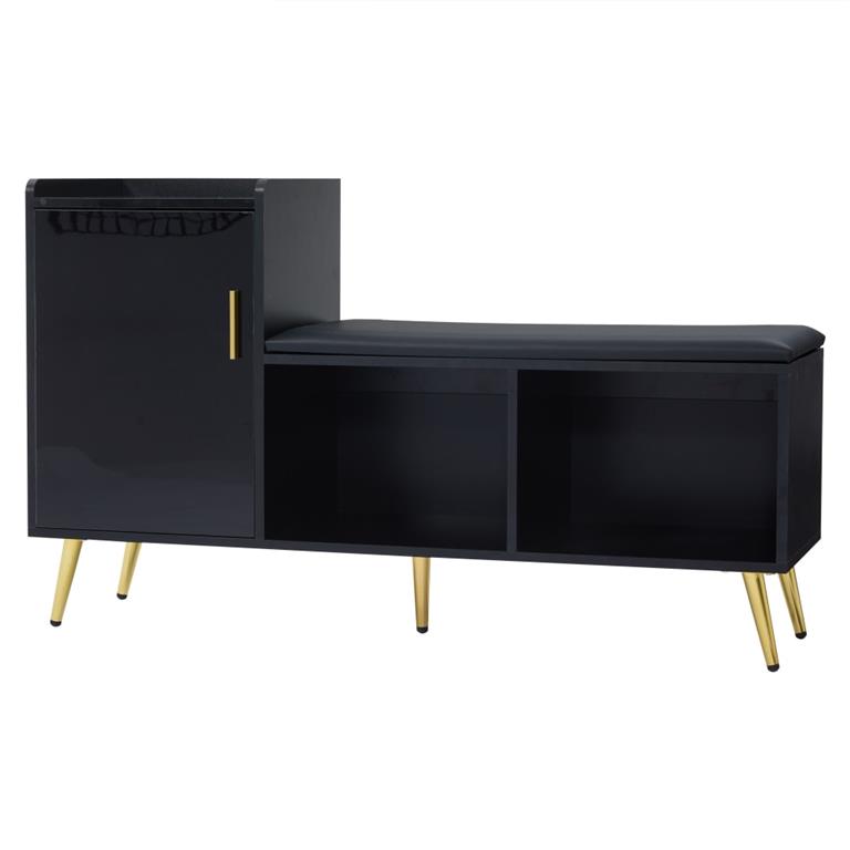 Banc à chaussures à l'entrée noir brillant avec 3 étagères