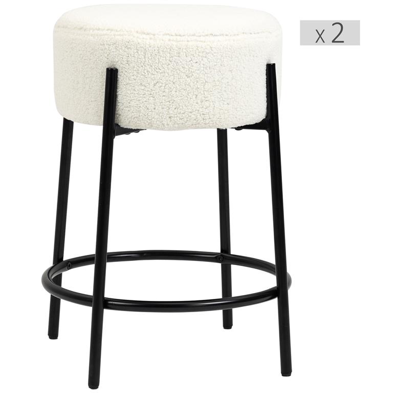 Lot de 2 tabourets de bar design acier noir effet laine bouclée blanc