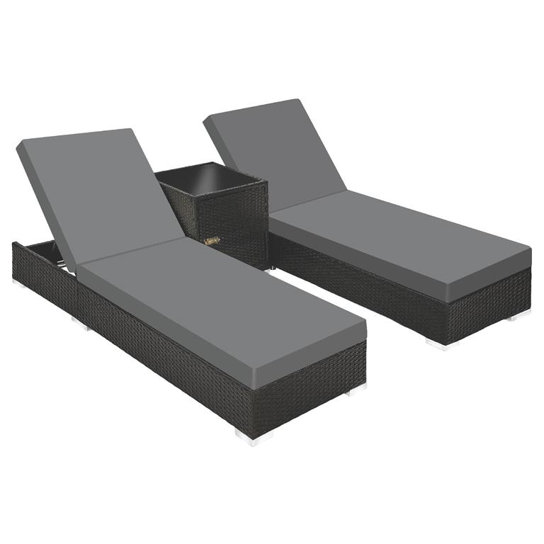 Lot de 2 Bains de soleil design luxueux Table avec compartiment noir