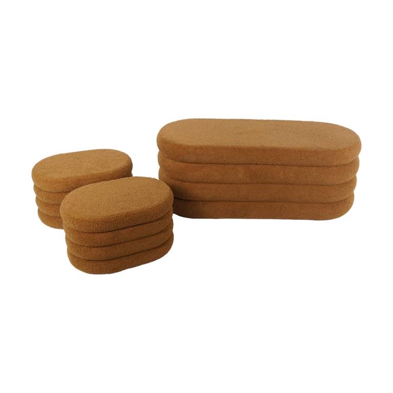 Banc coffre bouclette rouille avec 2 poufs de rangement