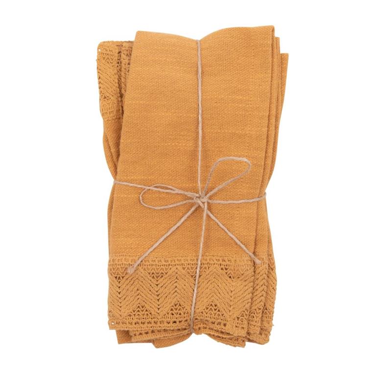 Serviettes en coton ocre et broderie 42x42 