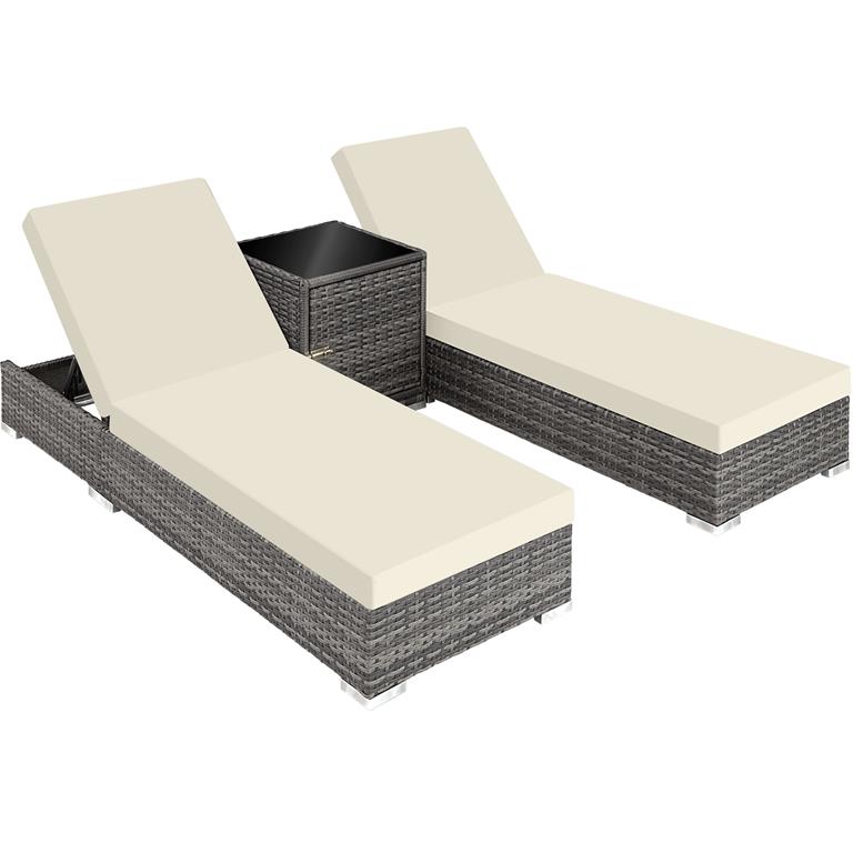 Lot de 2 Bains de soleil design luxueux Table avec rangement gris