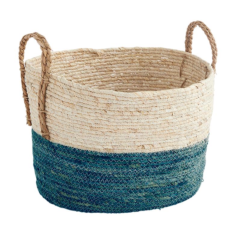 Panier de rangement en paille avec 2 poignées - Bleu - 39x33x27cm