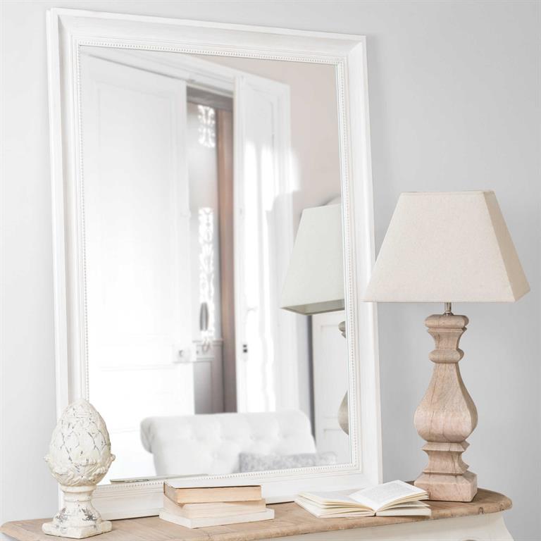 Miroir rectangulaire à moulures en bois de sapin écru 90x120