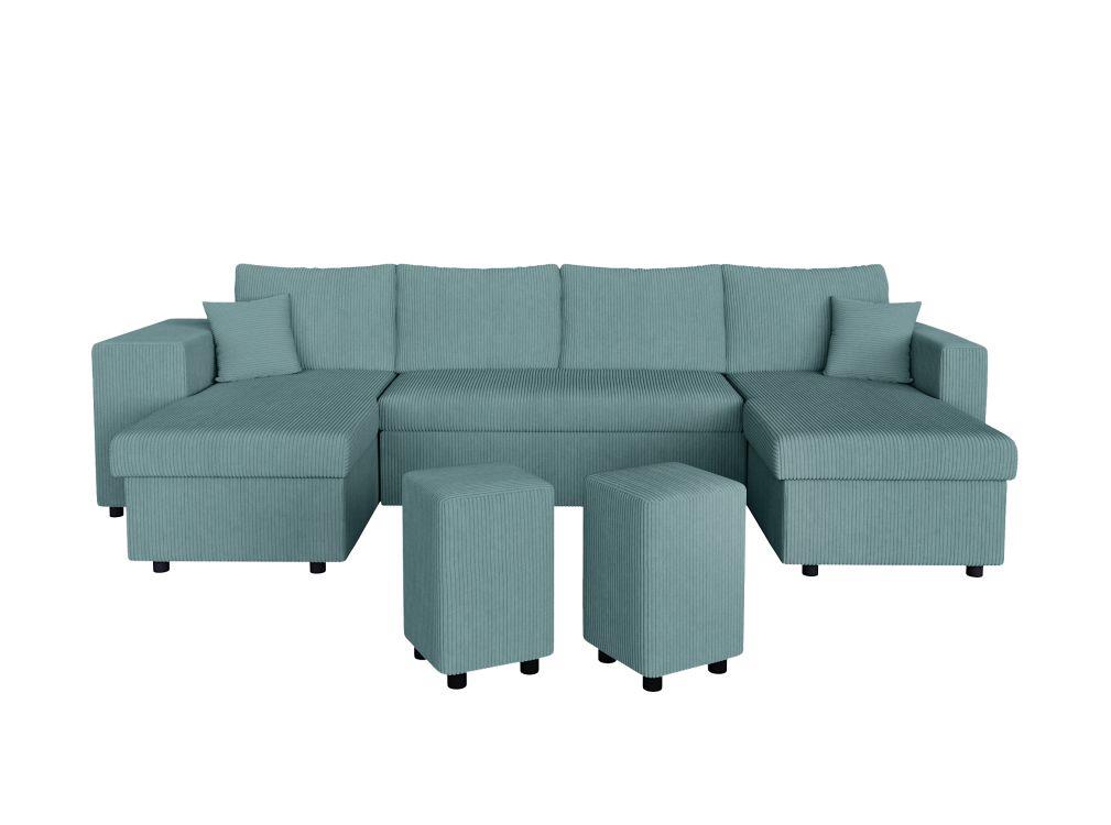 Canapé panoramique avec 2 poufs gauche en velours côtelé - Bleu
