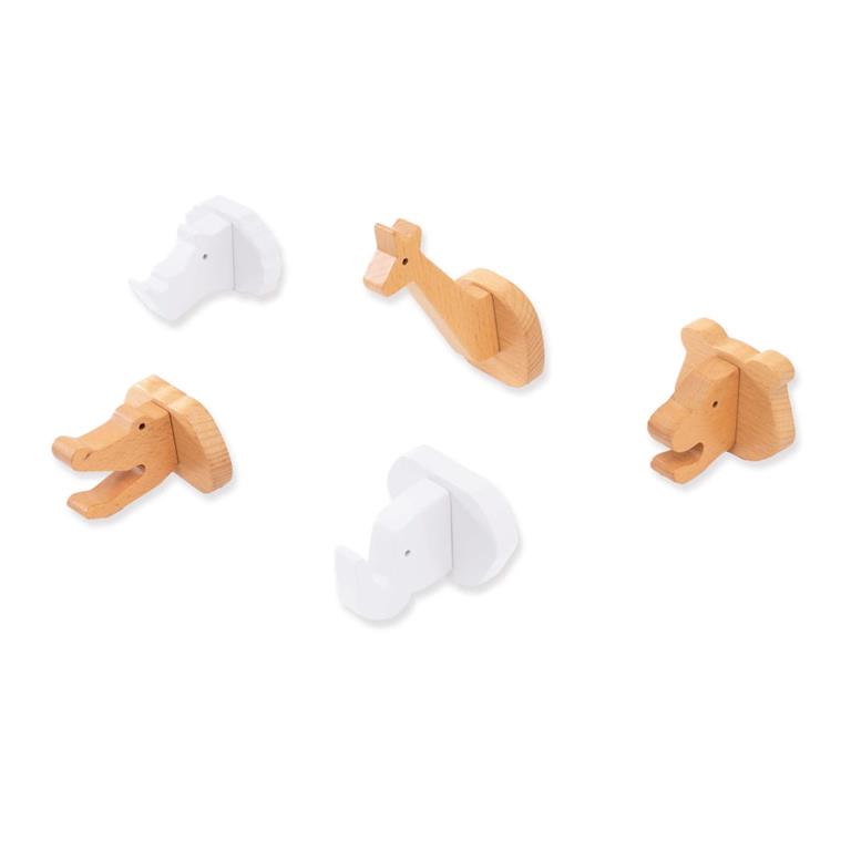Lot 5 crochets mural animaux bois/blanc