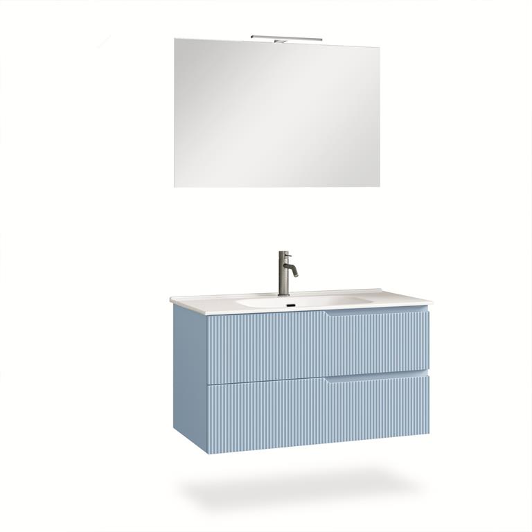 Ensemble salle de bain 4 pièces VENERE bleu tiffany• base suspendue avec façades en MDF cannelé,, finition bleu tiffany• vasque en céramique avec trou de trop-plein• 2 tiroirs avec fermeture ...