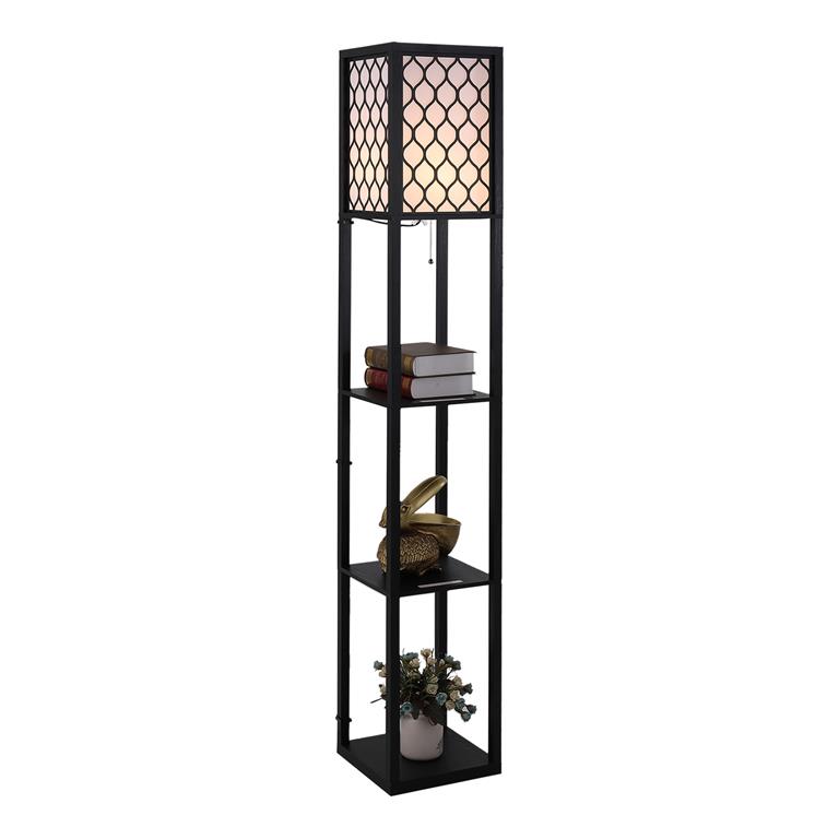Lampadaire 3 étagères MDF noir abat-jour tissu motif nid d'abeille