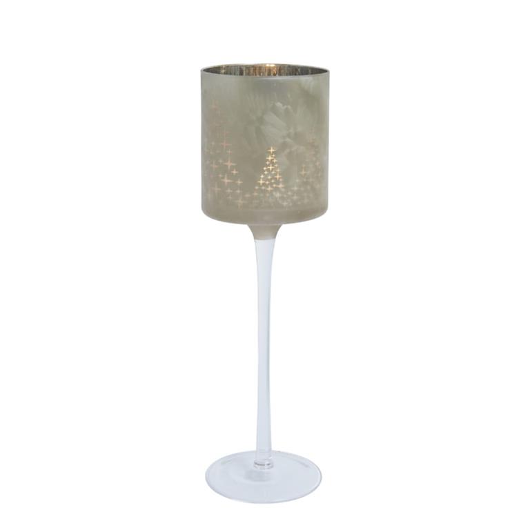 Photophore décoratif à pied en verre dépoli gris et or pâle H30