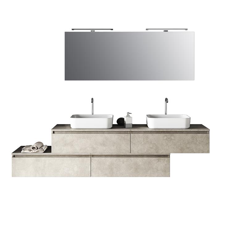 Meuble salle de bain 9 pièces double vasque en mélamine beige pierre
