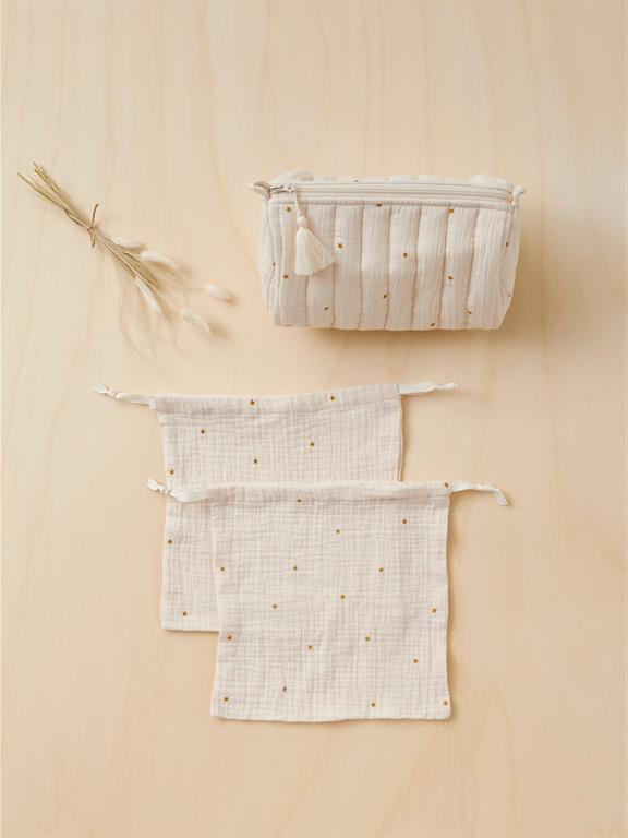 Trousse de toilette et pochons brodés ivoire/étoile caramel