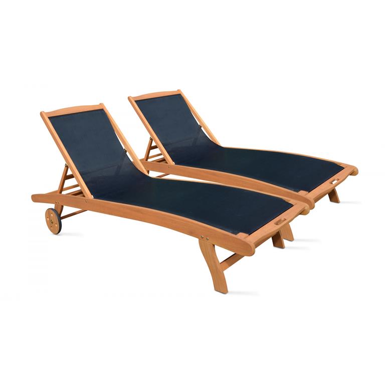 Lot de 2 bain de soleil en bois et textilène noir