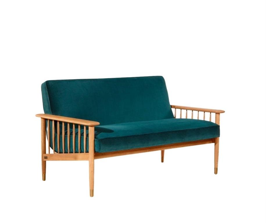 Banquette 2 places en chêne et velours bleu paon