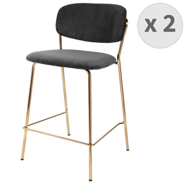Chaise de bar en tissu cotelé Noir et métal doré brossé 