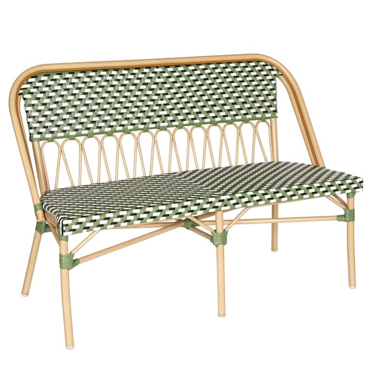 Banc de jardin style parisien en aluminium et rotin synthétique vert