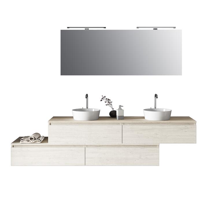 Meuble de salle de bain 9 pièces double vasque en mélamine bois beige
