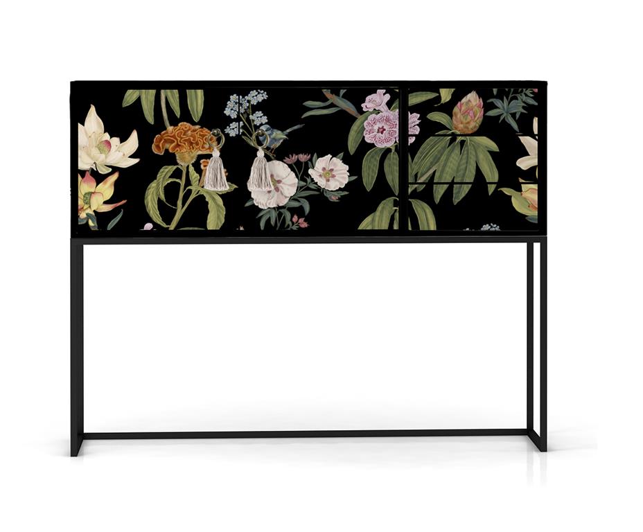 Console MDF laquée 2 portes 3 tiroirs imprimé floral fond noir